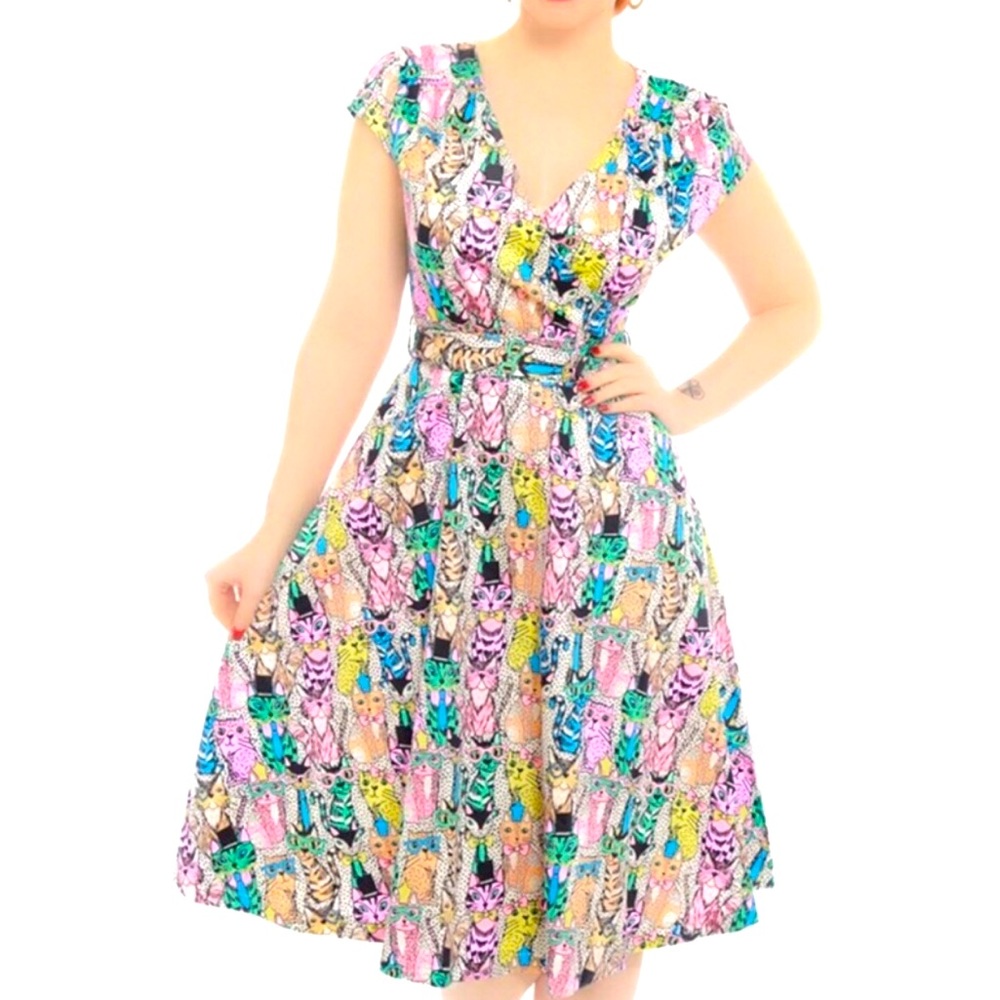 Lindy Bop • Cat Novelty Print midi swing dress • US women’s 8